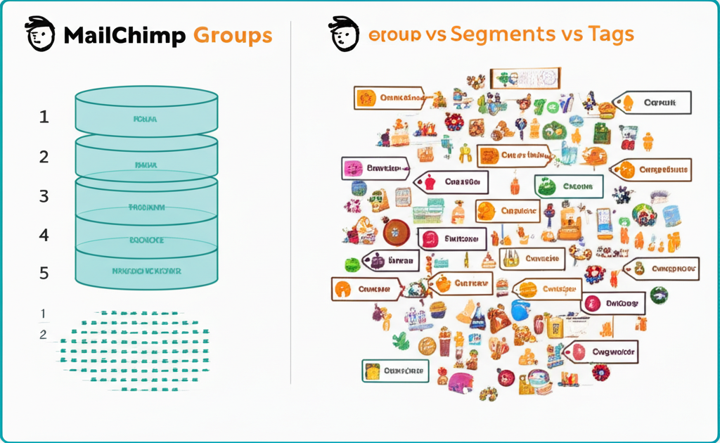 Generate a high-quality, relevant image prompt for an article about: Mailchimp Groups vs Segments vs